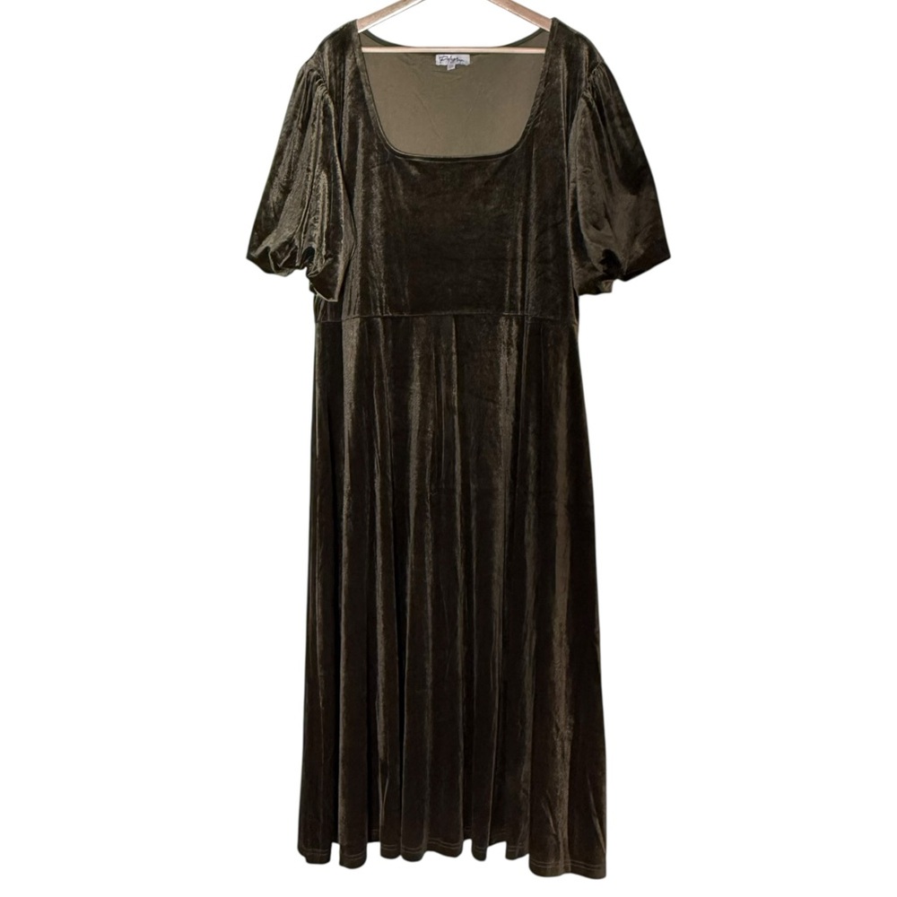 Polagram Velvet Moss Green Square Neck Puff Sleeve Midi Dress Size 3XL Party